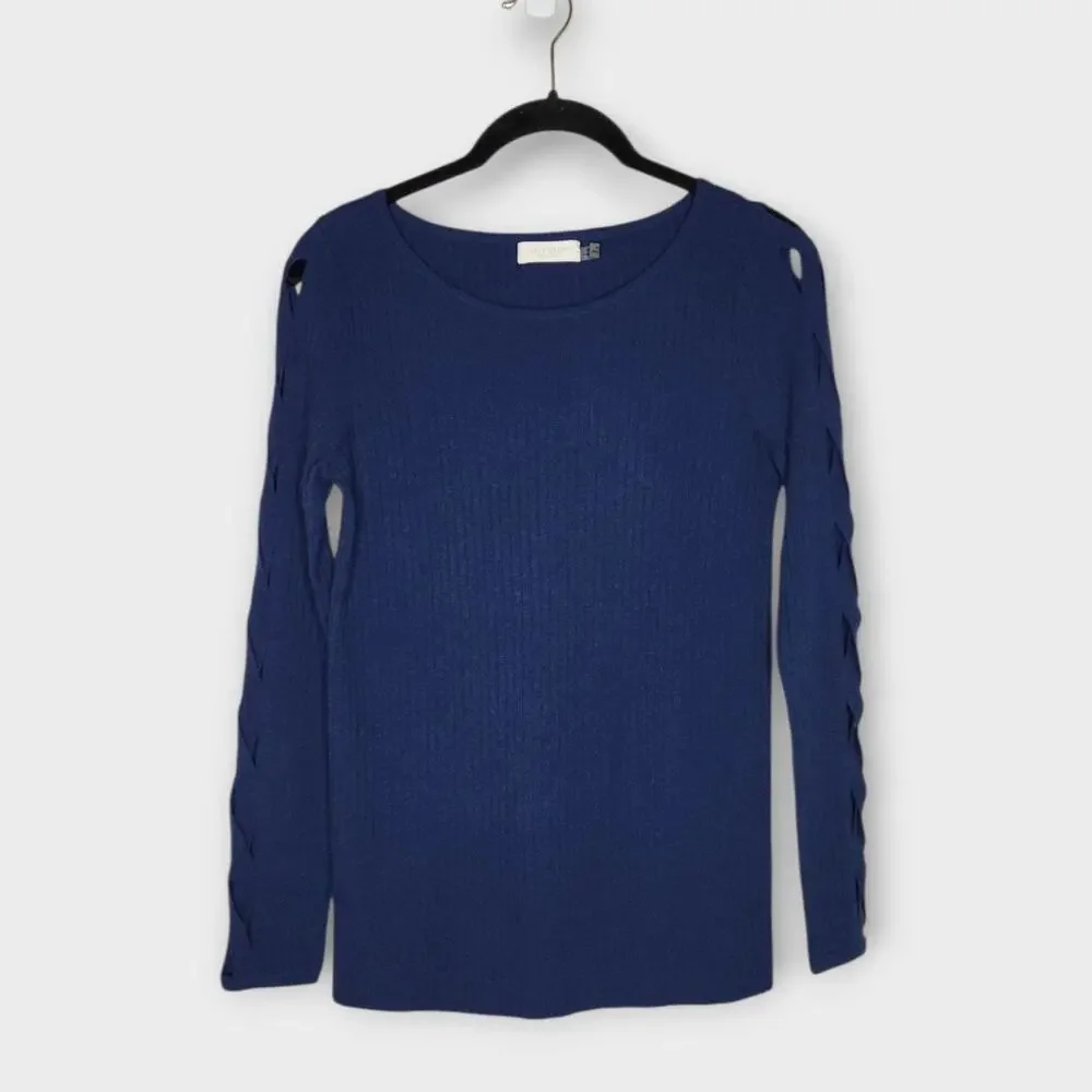Ramy Brook Kimila Navy Rib Knit Cutout Sleeve Sweater Top Boat Neck Womens XS